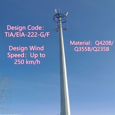 Monopole Tower Telecom Steel Structure Hot Dip Galvanized Painted Design Code ANSI TIA 222 G H F Wind Speed Up to 250 kmh